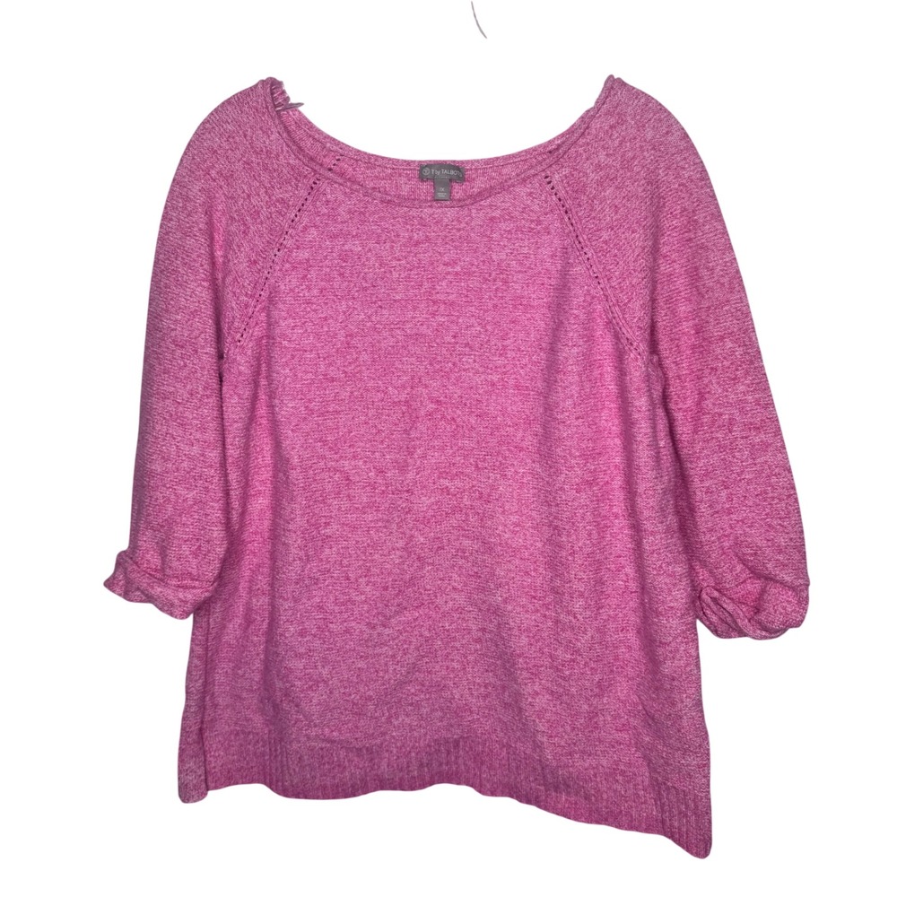 T by Talbots Womens 1X Pink Marl Cotton Knit Scoop‎ Neck Raglan Sweater